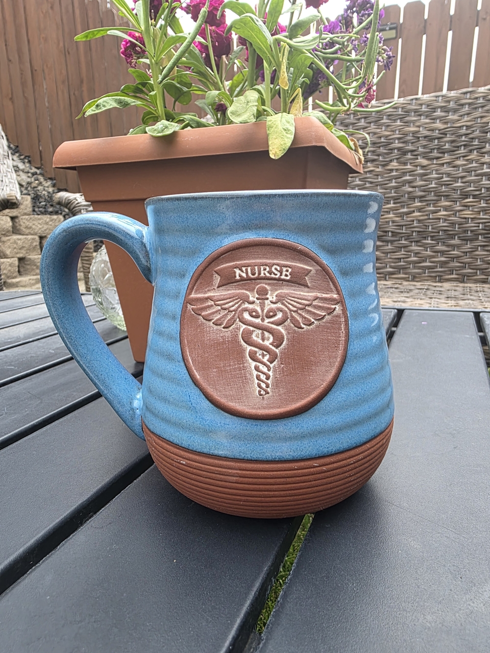 Abbey Gift Nurse Ceramic Mug Blue Brown Caduceus Emblem Christian Nurse Gift